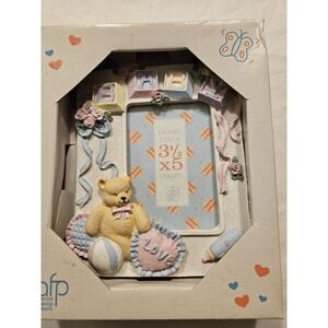 Vintage Ceramic New Born Baby Picture Frame 5x7 White Ruffle Shoes Blocks Table